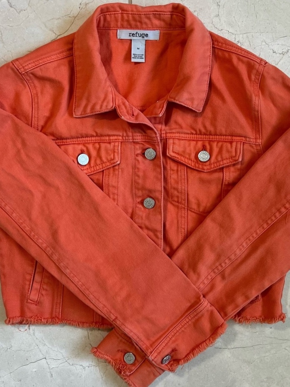 Refuge Orange Cropped Denim Jacket Womens Medium Frayed Hem Jean Trucker Coral
